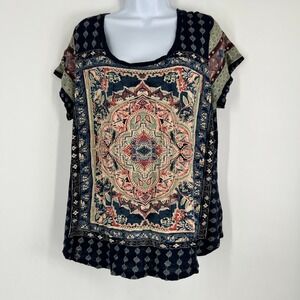 Lucky Brand Womens Navy Blue Medallion Print Boho Cotton Modal Knit Top 1X